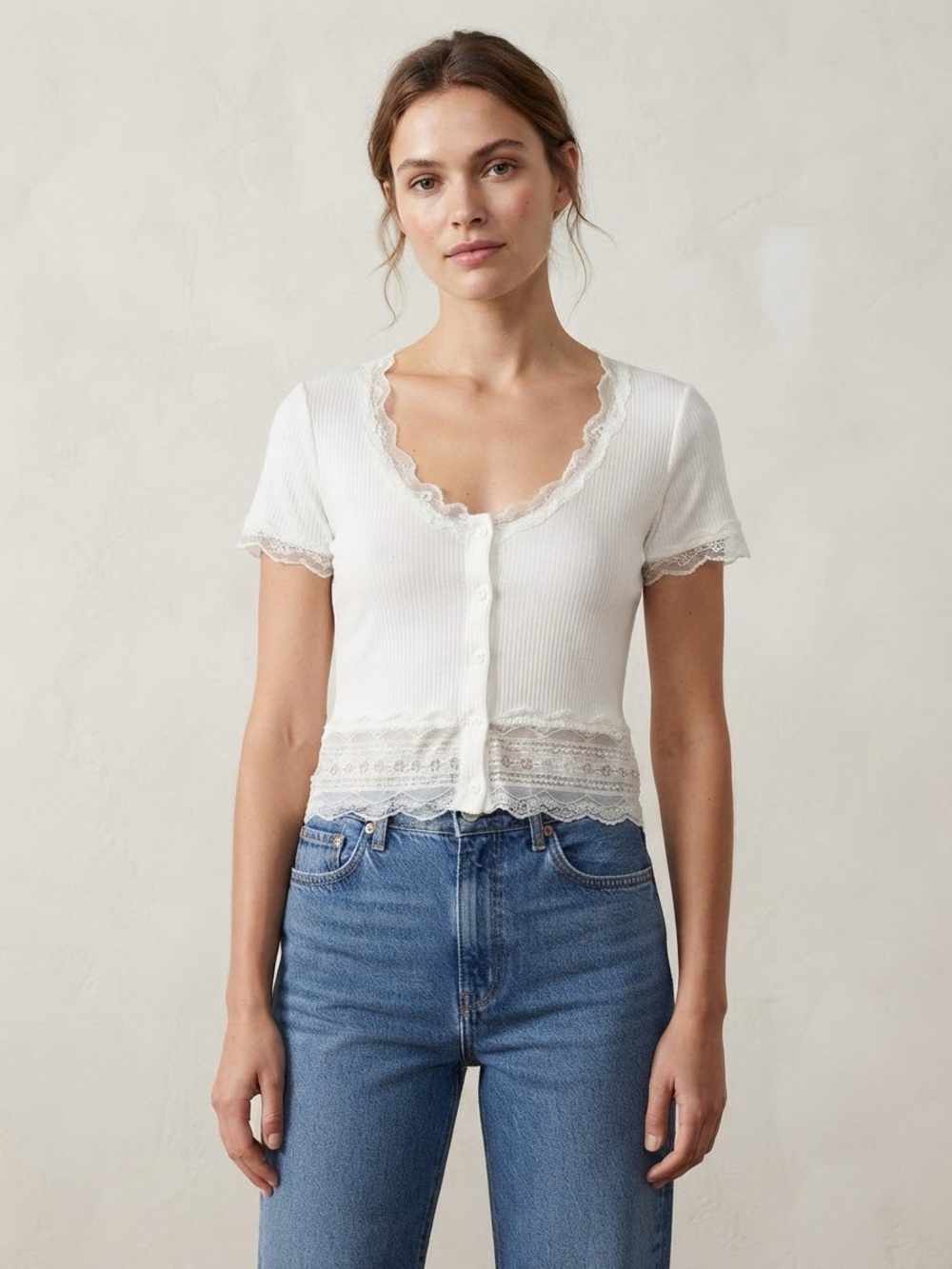 Caution To The Wind| NEW Ivory Lace-Trim Ribbed Button-Front T-Shirt Sz M NWT